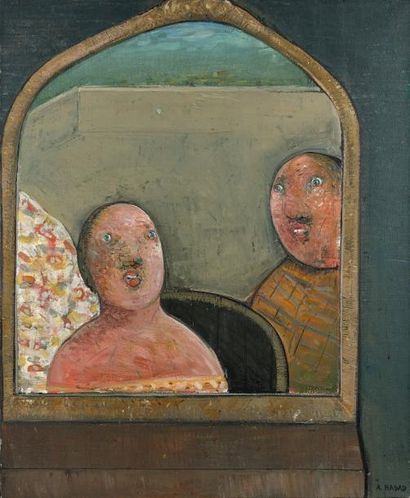 Abraham HADAD (1937) La jeune femme et lui, 1989.
Huile sur toile.
Signée en bas...