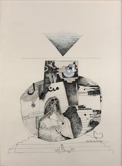 Dia AL-AZZAWI (1939) Composition au Bédouin, 1978.
Encre de Chine et crayon de couleur.
Signée...