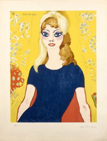 Kees VAN DONGEN (1877-1968) Brigitte Bardot à la robe bleue.
Lithographie préparatoire...