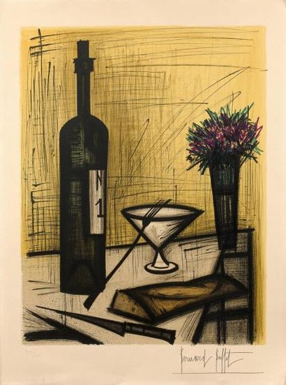 Bernard BUFFET (1928-1999) Nature morte à la bouteille et au verre.
Lithographie...