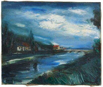 Maurice de Vlaminck (1876-1958) Paysage avec pont.
Huile sur toile.
Signée en bas...