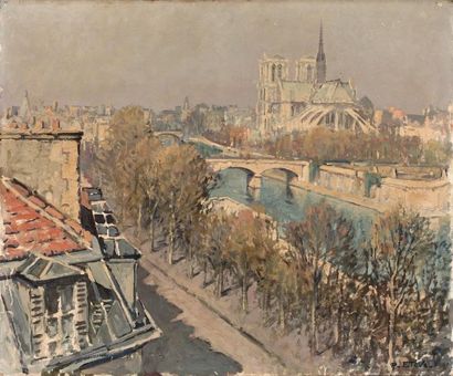 Félix-Raoul ETEVE (1902-1967) Le chevet de Notre-Dame de Paris vu du restaurant
La...