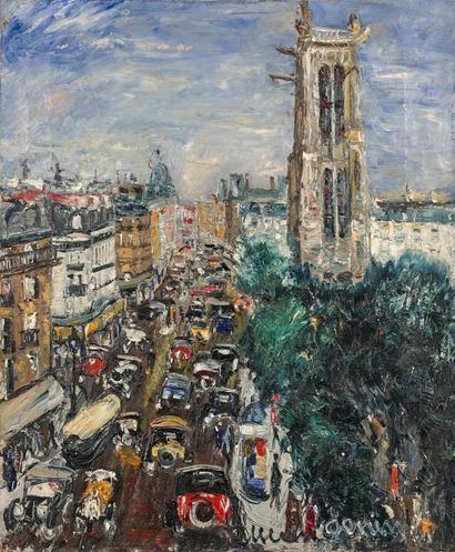 Lucien GENIN (1894-1953) Rue de Rivoli, Tour Saint Jacques.
Huile sur toile.
Signée...
