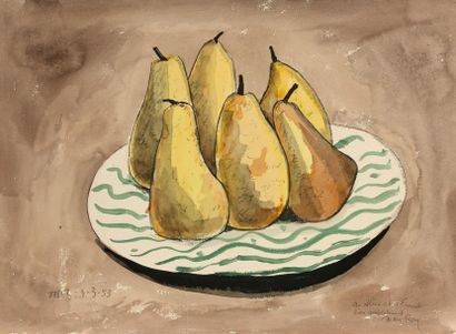 Emmanuel RADNITSKY dit MAN RAY (1890-1976) L'assiette de poires, 1953.
Gouache aquarellée.
Signée...