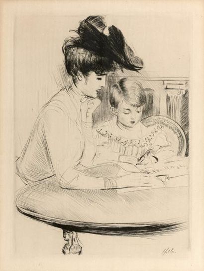 Paul HELLEU (1859-1927) Mère et enfant.
Pointe sèche.
Belle épreuve signée dans la...