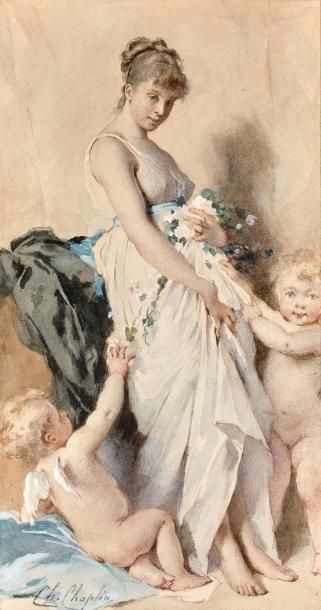CHARLES CHAPLIN (1825-1891) Flore et deux amours.
Aquarelle sur papier.
Signée en...