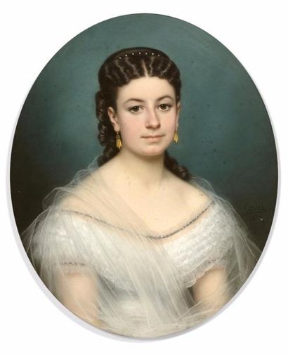 Ecole du XIXème siècle Portrait de jeune femme en robe blanche. 1872.
Pastel.
Signé...