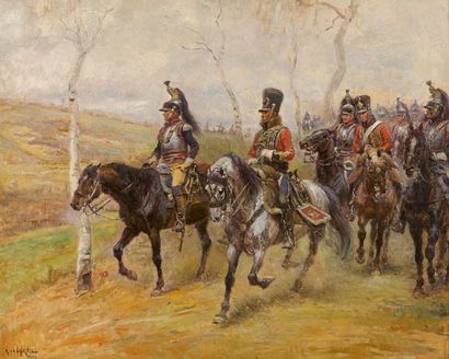 Alphonse LALAUZE (1872-1936) Cuirassiers et hussards à cheval en manoeuvre, 1913.
Huile...