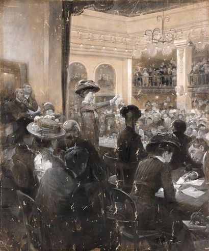 Leon FAURET (1863-1955) Scène d'intérieur de café parisien.
Huile sur toile.
Signée...