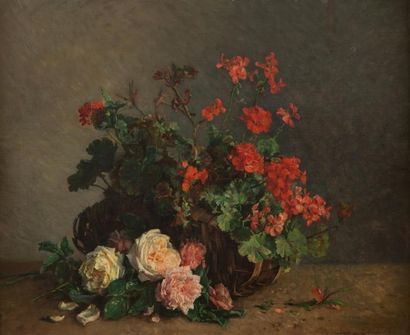 Madeleine LEMAIRE (1845-1928) Jeté de roses et panier de géraniums.
Huile sur toile.
Signée...