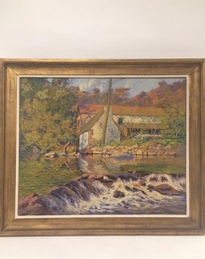PAUL MADELINE (1863-1920) Paysage au moulin près de la rivière.
Huile sur toile.
Signée...