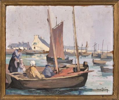 Louis GARIN (1888-1959) Le départ du port.
Gouache sur carton.
Signée en bas à droite.
41...