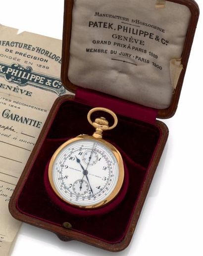 PATEK PHILIPPE & CIE 
Montre chronographe de poche en or 750 millièmes.
Cadran émaillé...
