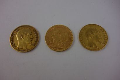 null Ensemble de trois pièces de 20 Francs en or. (1855A - 1859A - 1914). 

Poids...