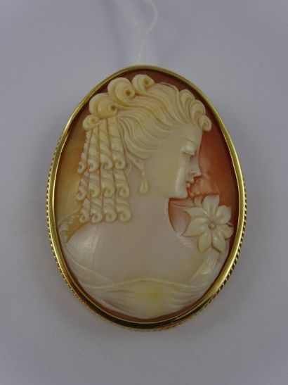 null 

Broche camée sur coquillage en or jaune (750) à profil de jeune femme. Poids...