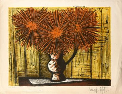 Bernard BUFFET (1928-1999) 

Dahlias sur fond jaune, 1962. 

Lithographie en couleurs.

Signée...