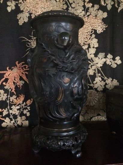 INDOCHINE 

Paire de vases en bronze patiné à décor tournant de dragons enserrant...