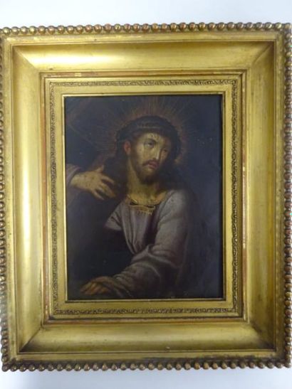 ECOLE DU XVIIe SIÈCLE 

Christ portant la croix. 

Huile sur cuivre. 

21 x 16 cm...