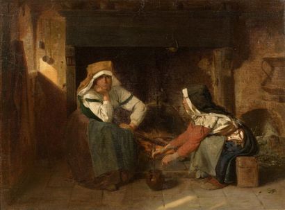 Jacques CLERE (1825-1918) 

Femmes dans un intérieur creusois, 1868. 

Huile sur...