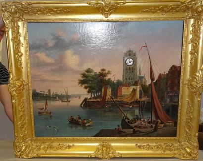 null Tableau horloge du milieu du XIXème siècle.

Port flamand animé de barques,...