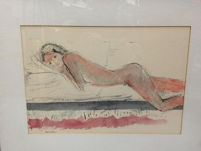 Guy Bardone (1927-2015) 

Femme nue allongée. 

Dessin à l'encre noire rehaussée...
