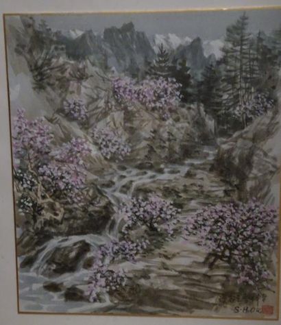HOU SHENG KAI (seconde moitié du XXème siècle) 

Paysage de montagnes fleuries, animé...