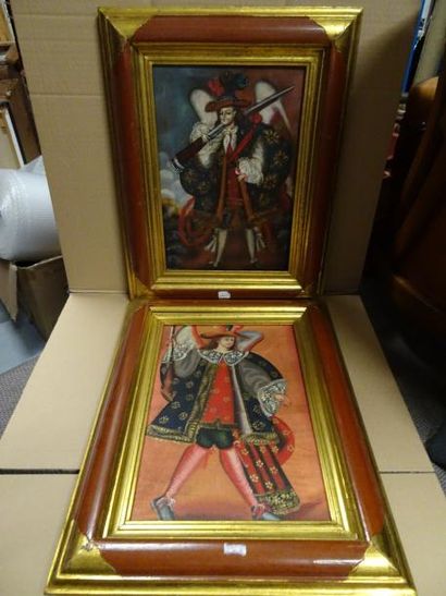 ÉCOLE DE CUZCO 

Anges armés.

Paire d'huiles sur toiles.

XIXème siècle.

22 x 35...