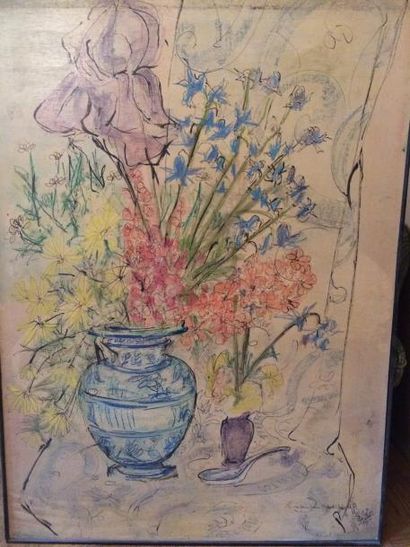 NAL (XXème siècle) 

Bouquet de fleurs dans un vase bleu.

Technique mixte sur panneau,...