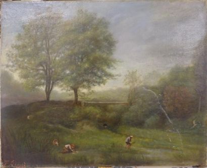 F. RENARD (XIXème-XXème) 

Lavandière et pêcheur devant un pont arboré.

Huile sur...