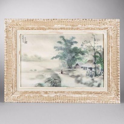 null ÉCOLE CHINOISE vers 1950

Deux masures en bord de rivière.

Peinture sur soie.

signature...