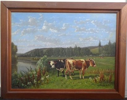 Eugène Alfred CAPELLE (1834-1887) 

Les vaches dans la prairie, près d'une rivière....