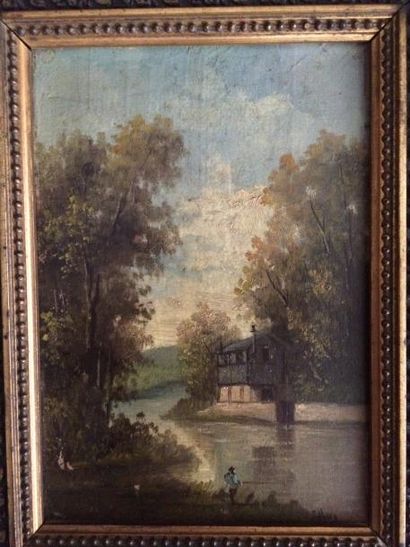 Ecole du XIXème siècle 

Paysage de bord de rivière au pêcheur.

Paysage au pont...