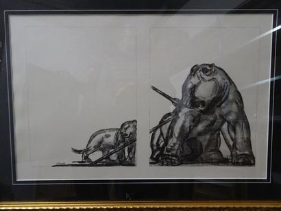 D'APRÈS JOUVE 

Pièce encadrée.

Lionne blessée et lionceau.

37 x 58 cm (à vue)...