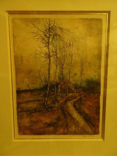 GANTNER 

Chemin bordé d'arbres en hiver.

Lithographie en couleurs.

Signée en bas...