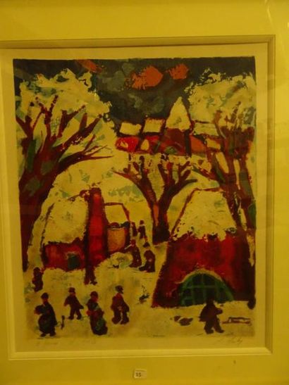 D'ANTY 

Village animée sous la neige.

Lithographie.

Signée en bas à droite et...