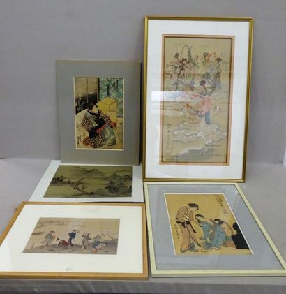 JAPON 
Lot de deux estampes en couleurs sur papier.
XIXème siècle.
35,5 x 23,5 et...
