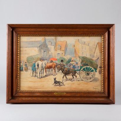 Frédéric PUECHMAGRE (?-1914) 

Place de marché animée d'un attelage à l'âne.

Aquarelle...