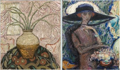 Juliette ROCHE (1884-1974) 

- Bouquet de lys sur fond rose. 

Huile sur toile. 

Non...