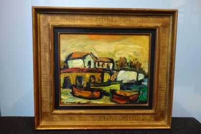 Maurice VERDIER (1919-2003) 

Le petit port jaune. 

Huile sur toile. 

Signée en...
