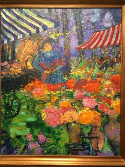 Gérard VALTIER (1950) 

Le grand marché fleuri.

Huile sur toile. 

Signée en bas...