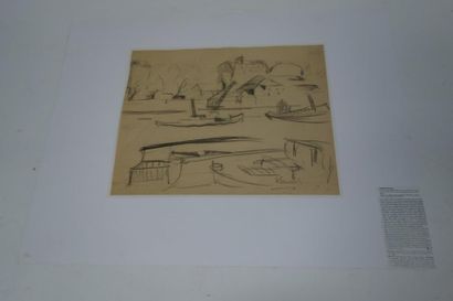 Willy EISENSCHITZ (1889 - 1974) 

Péniches à quai.

Dessin au crayon noir.

Porte...