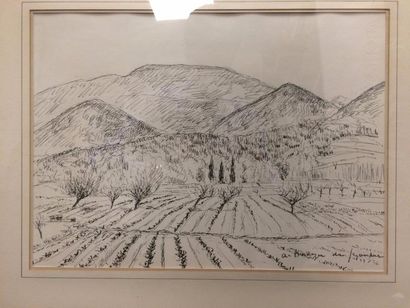 André DUNOYER DE SEGONZAC (1884-1974) 

Champs aux arbres devant des montagnes.

Dessin...