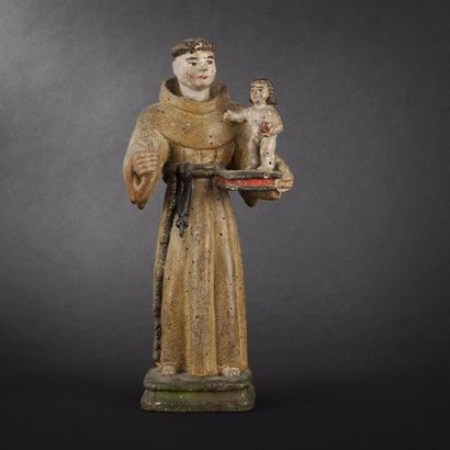 null Statuette en bois polychrome sculpté d'un chartreux, probablement Saint Bruno,...