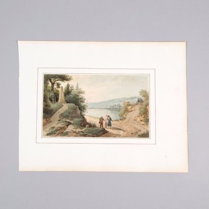 Claude I Thiénon (1772-1846) 

Conversation à la croisée des chemins.

Aquarelle...
