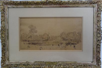 Albert Marie LEBOURG (1849-1928) 
Paris, le jardin des Tuileries.
Lavis d’encre.
Signé...