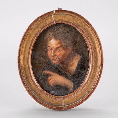 Ecole Française du XVIIIème siècle 

Portrait d'homme grimaçant, montrant d'un doigt.

Peinture...