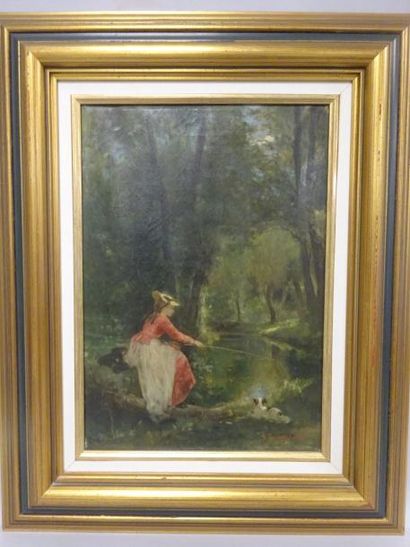 François Claudius COMPTE-CALIX (1813-1880) 

Jeune femme péchant dans un sous-bois....