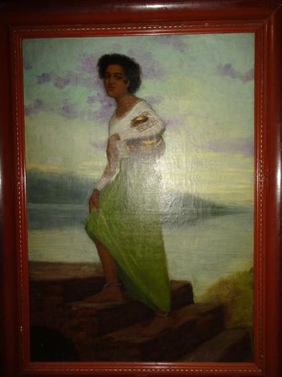 Antoine DRUET (1857-1921) 

Jeune femme ceylanaise à la jupe verte, tenant un vase...