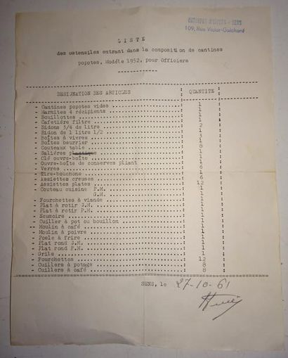 null FRANCE

Cantine pour officier, modèle 1952.

Avec sa liste récapitulative, datée...