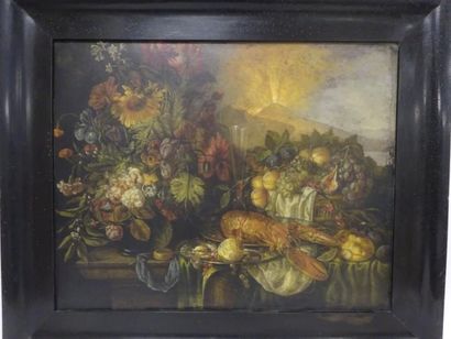 Ecole du XIXème siècle 

Nature morte au vase fleuri, à la corbeille de fruit et...